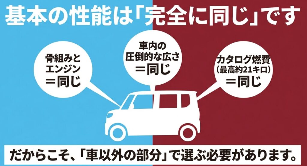 スペーシアとフレアワゴン：「基本の性能は完全に同じです」という見出し。骨組みとエンジン、車内の圧倒的な広さ、カタログ燃費最高約21キロがすべて「同じ」であり、車以外の部分で選ぶ必要があることを説明するスライド画像。