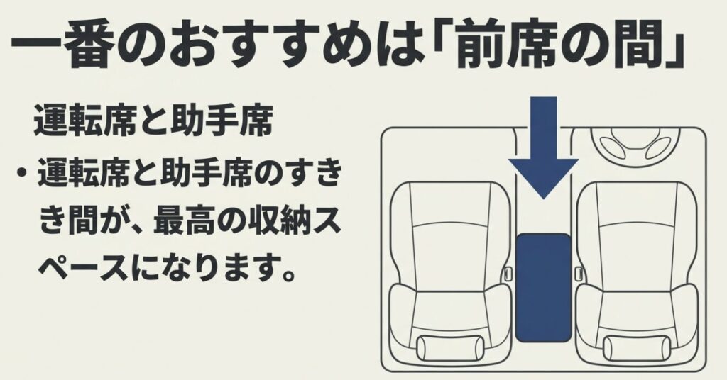 スペーシアのゴミ箱：運転席と助手席の隙間を矢印で示し、一番のおすすめの置き場所が「前席の間」であることを説明する図 。