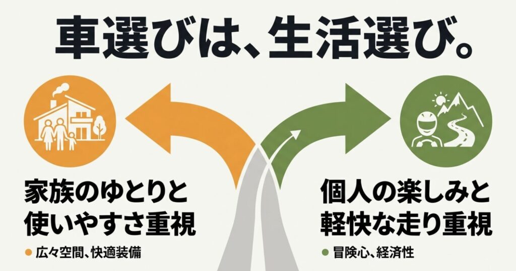 スペーシアとハスラー:「車選びは、生活選び。」というキャッチコピーと、家族のゆとり(広々空間・快適装備)と個人の楽しみ(軽快な走り・冒険心・経済性)のキャラクターの違いを示すイラストスライド。