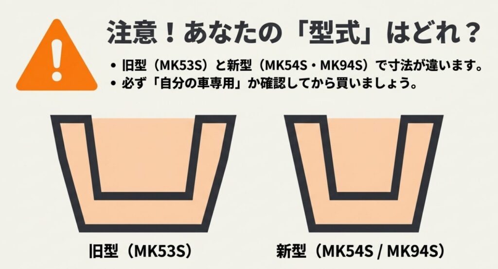 スペーシアのゴミ箱：旧型のMK53Sと新型のMK54S・MK94Sでは寸法が違うため、自分の車の型式専用か確認するよう促す注意書き 。