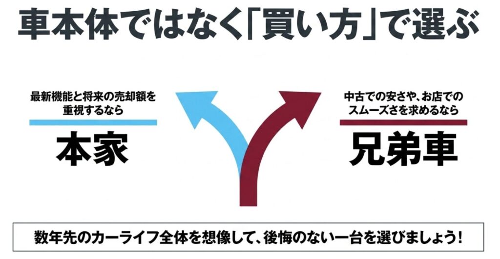 スペーシアとフレアワゴン：赤と青の矢印が分岐するイラスト。「車本体ではなく買い方で選ぶ」という見出し。最新機能と将来の売却額を重視するなら「本家」、中古での安さやお店でのスムーズさを求めるなら「兄弟車」とまとめ、「数年先のカーライフ全体を想像して、後悔のない一台を選びましょう！」と結んでいるスライド画像。