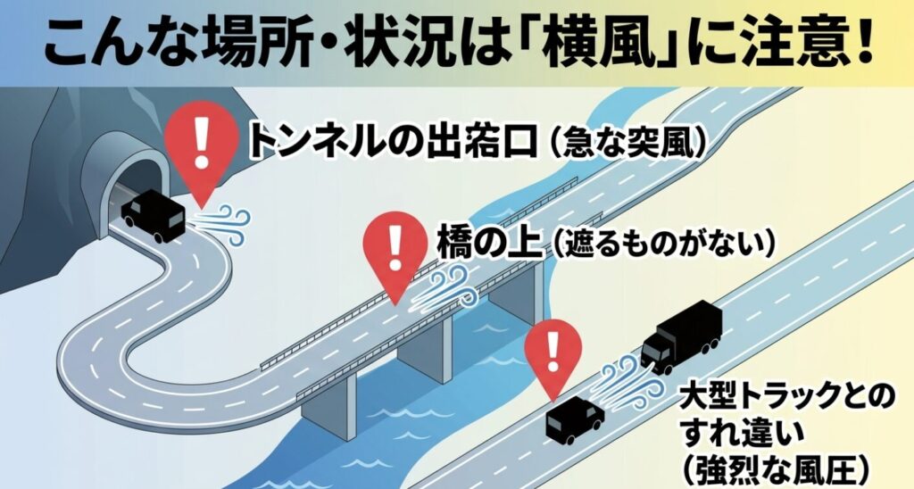 スペーシア：急な突風が吹くトンネルの出入口、遮るものがない橋の上、強烈な風圧を受ける大型トラックとのすれ違い時など、横風に注意すべき状況を示したスライド