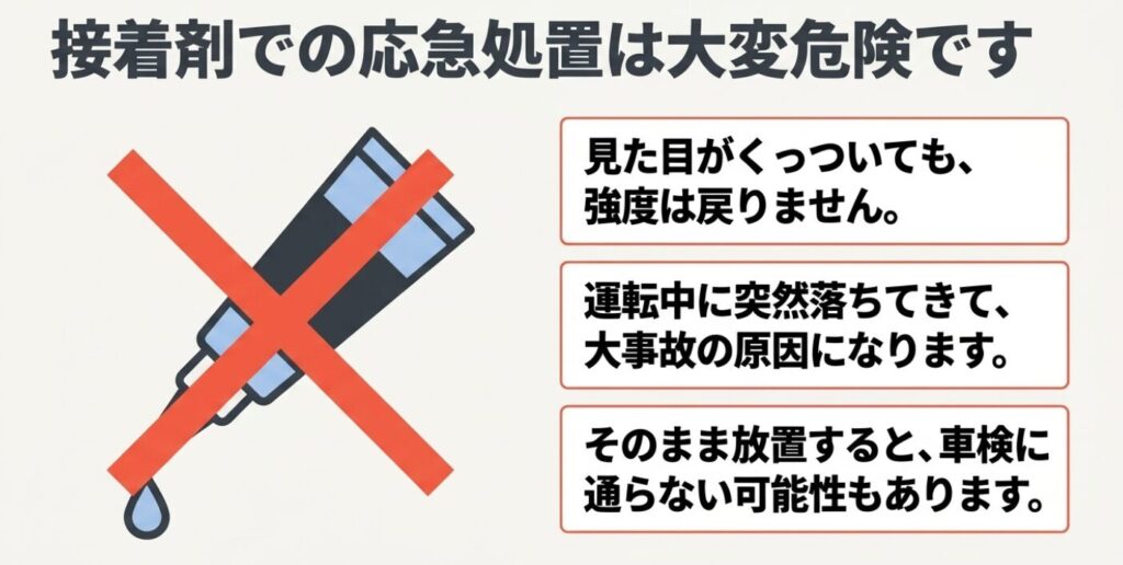 スペーシア：サンバイザーを接着剤で修理すると強度が戻らず、運転中の落下事故や車検に通らない危険性があることを警告する画像