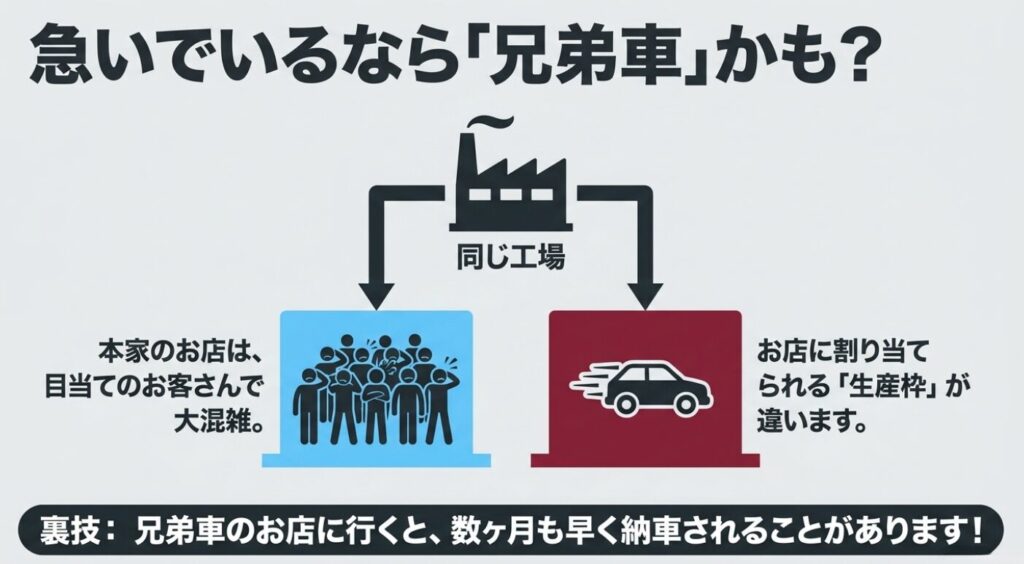 スペーシアとフレアワゴン：工場とお店の割り当てを説明するイラスト。「急いでいるなら兄弟車かも？」という見出しで、本家のお店は大混雑するが、同じ工場でもお店に割り当てられる生産枠が違うため、兄弟車のお店に行くと数ヶ月も早く納車されることがあるという裏技を紹介したスライド画像。