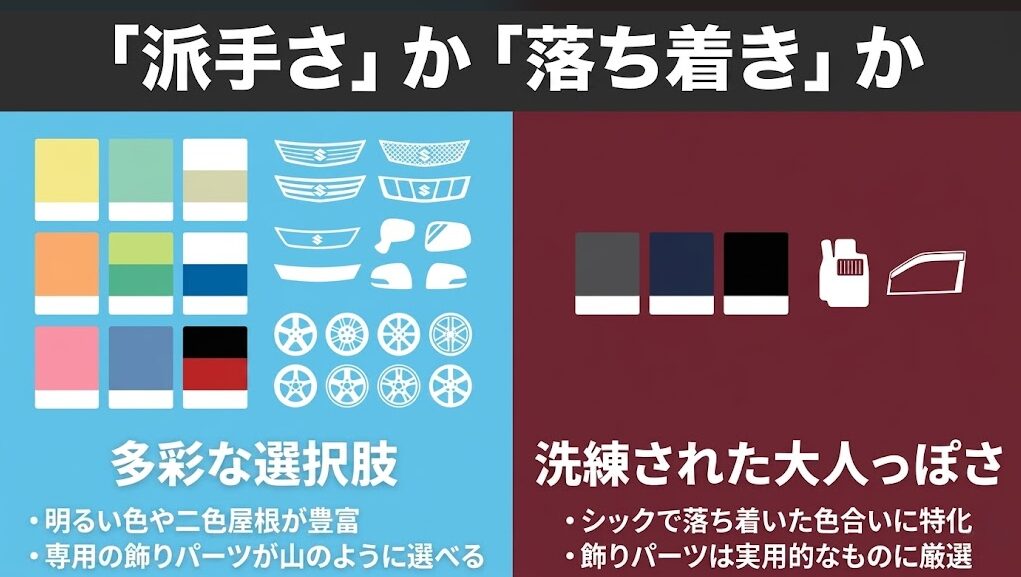 スペーシアとフレアワゴン：「派手さか落ち着きか」という見出しで、多彩な選択肢（明るい色や二色屋根が豊富、専用飾りパーツが山のように選べる）と、洗練された大人っぽさ（シックで落ち着いた色合いに特化、飾りパーツは実用的なものに厳選）を比較したスライド画像