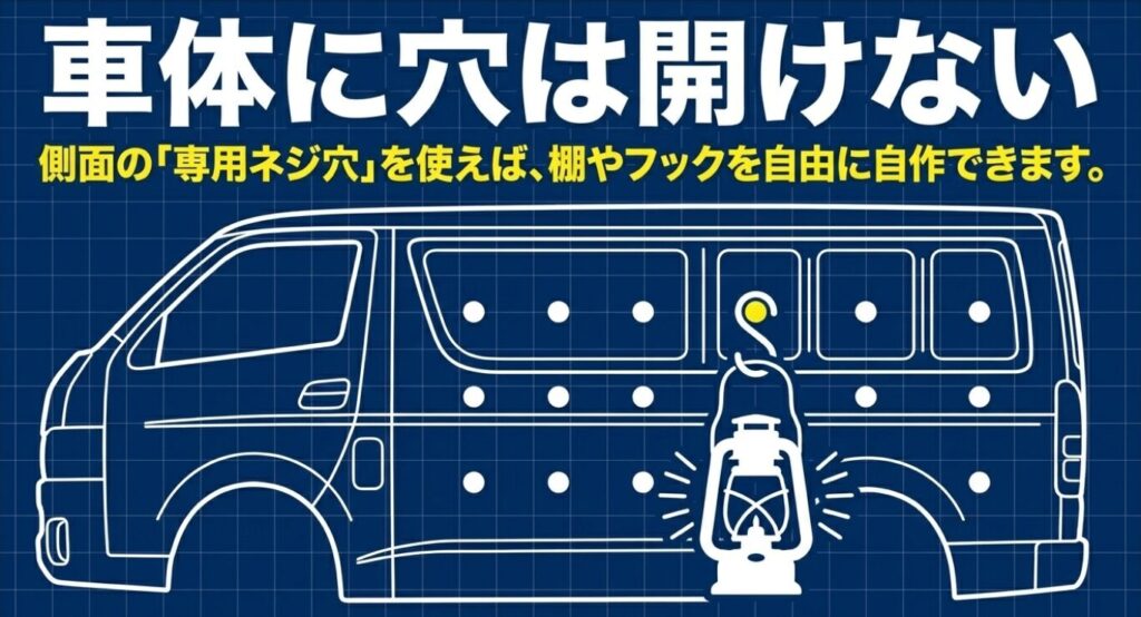 スペーシアベース:車体に穴は開けない。側面の専用ネジ穴を使えば、棚やフックを自由に自作できます 。