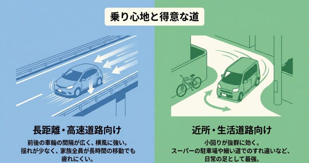 ソリオとスペーシア:普通車は長距離や高速道路向けで横風に強く疲れにくい一方で、軽自動車は小回りが利き近所や生活道路に向いているという比較図