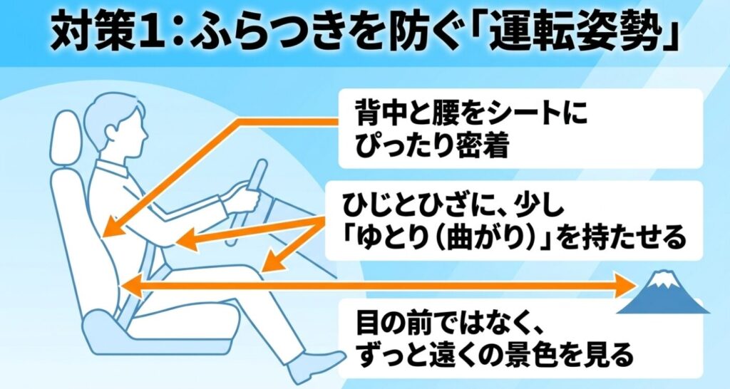 スペーシア：背中と腰をシートに密着させ、ひじとひざにゆとりを持たせ、目の前ではなくずっと遠くの景色を見るというふらつき対策の運転姿勢