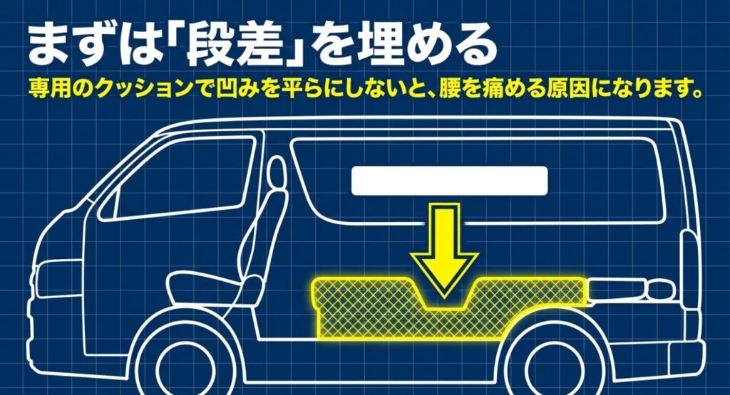 スペーシアベースのシートの段差を専用クッションで平らに埋める図解。まずは「段差」を埋める 。専用のクッションで凹みを平らにしないと、腰を痛める原因になります 。