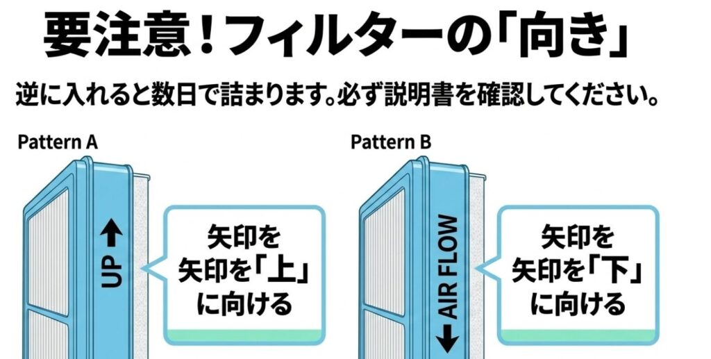 スペーシアのACフィルター:UP矢印とAIR FLOW矢印によるフィルターの正しい向きの解説