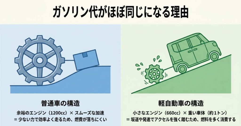 ソリオとスペーシア:普通車は1200ccの余裕あるエンジンで燃費が落ちにくく、軽自動車は小さなエンジンで重い車体を動かすため燃料を多く消費するという仕組みのイラスト。