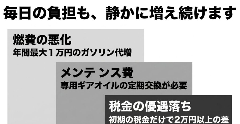 ガソリン代の年間最大1万円増、専用オイル交換の必要性、税制優遇の差（初期で2万円以上）など、維持費の負担増をまとめたスライド