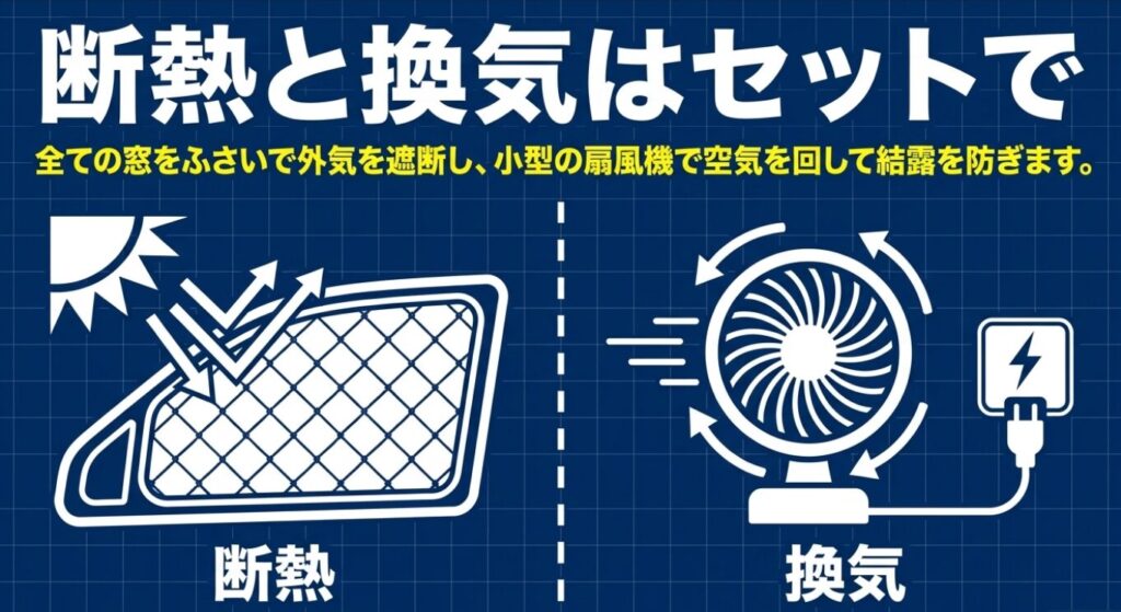 スペーシアベースの車中泊:断熱と換気はセットで。全ての窓をふさいで外気を遮断し、小型の扇風機で空気を回して結露を防ぎます 。