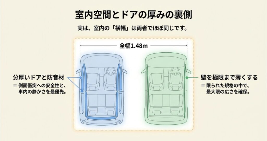 ソリオとスペーシア:室内の横幅は両者でほぼ同じだが、ソリオは分厚いドアで安全性を最優先し、スペーシアは壁を極限まで薄くして広さを確保している図解