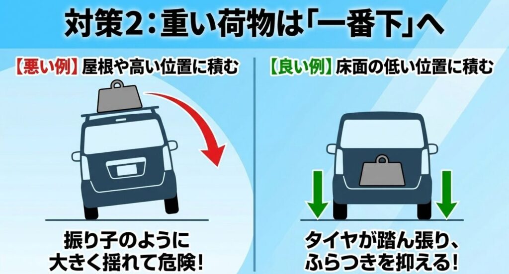 スペーシア：重い荷物を屋根などの高い位置に積むと振り子のように揺れて危険なため、床面の低い位置に積むことでタイヤが踏ん張りふらつきを抑えることを示す比較図
