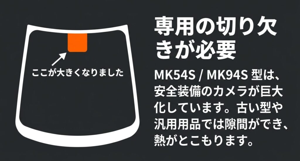 スペーシアのサンシェード:MK54SおよびMK94S型の新型スペーシアは安全装備のカメラが巨大化しているため、専用の切り欠きが必要であることを解説した図