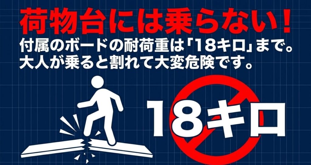 スペーシアベースの車中泊マット:荷物台には乗らない!付属のボードの耐荷重は18キロまで。大人が乗ると割れて大変危険です 。