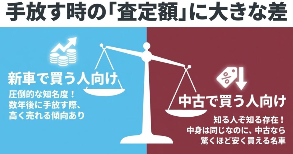 スペーシアとフレアワゴン：天秤のイラストを背景に、「手放す時の査定額に大きな差」という見出し。左側に新車で買う人向け（圧倒的な知名度、数年後に手放す際高く売れる傾向あり）、右側に中古で買う人向け（知る人ぞ知る存在、中身は同じなのに中古なら驚くほど安く買える名車）と書かれたスライド画像。