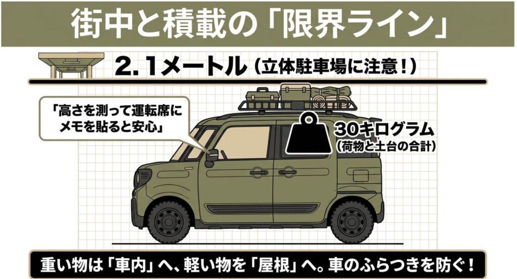 スペーシアギア：都市部のビル群を描いたイラストで、2.1メートルの高さ制限と30キログラムの積載ルールを注意喚起する図解
