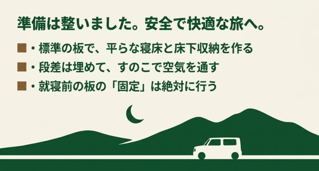 スペーシアベースの車中泊:標準の板での寝床作り、すのこでの空気確保、就寝前の固定という3つの重要ポイントをまとめたチェックリスト