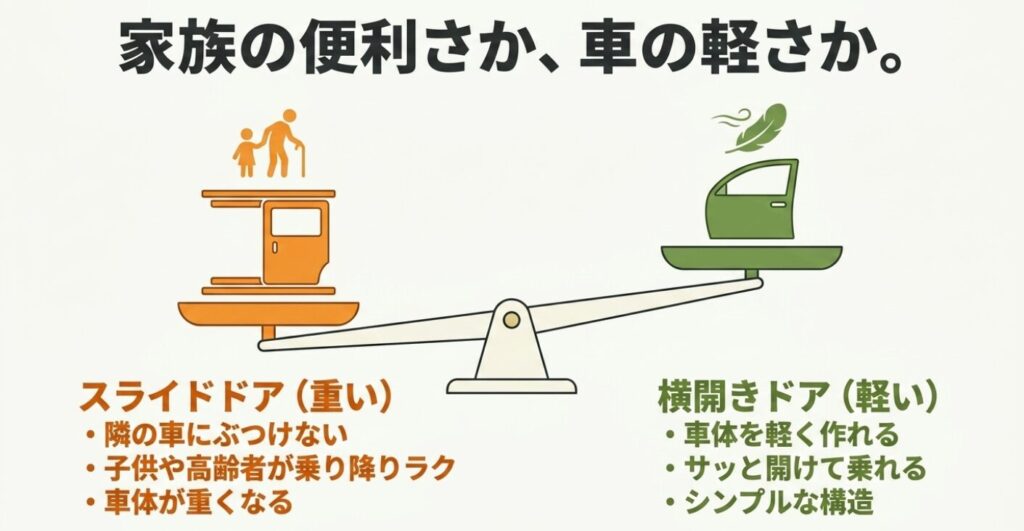 天秤のイラストを交え、スペーシアの重いスライドドア(隣にぶつけない・乗り降りラク)と、ハスラーの軽い横開きドア(車体が軽い・サッと乗れる)のメリット・デメリットを比較したスライド。