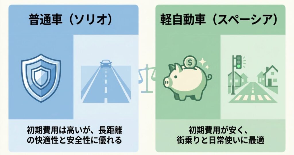 普通車(ソリオ)は初期費用は高いが長距離の快適性と安全性に優れ、軽自動車(スペーシア)は初期費用が安く街乗りと日常使いに最適であることを、盾・貯金箱・信号機のイラストと共に示したスライド資料。