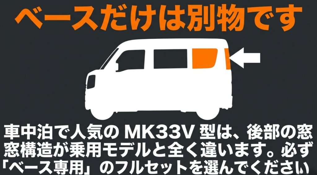 スペーシアのサンシェード:車中泊で人気のMK33V型は、後部の窓構造が乗用モデルと全く違うため「ベース専用」を選ぶ必要があることを示す図