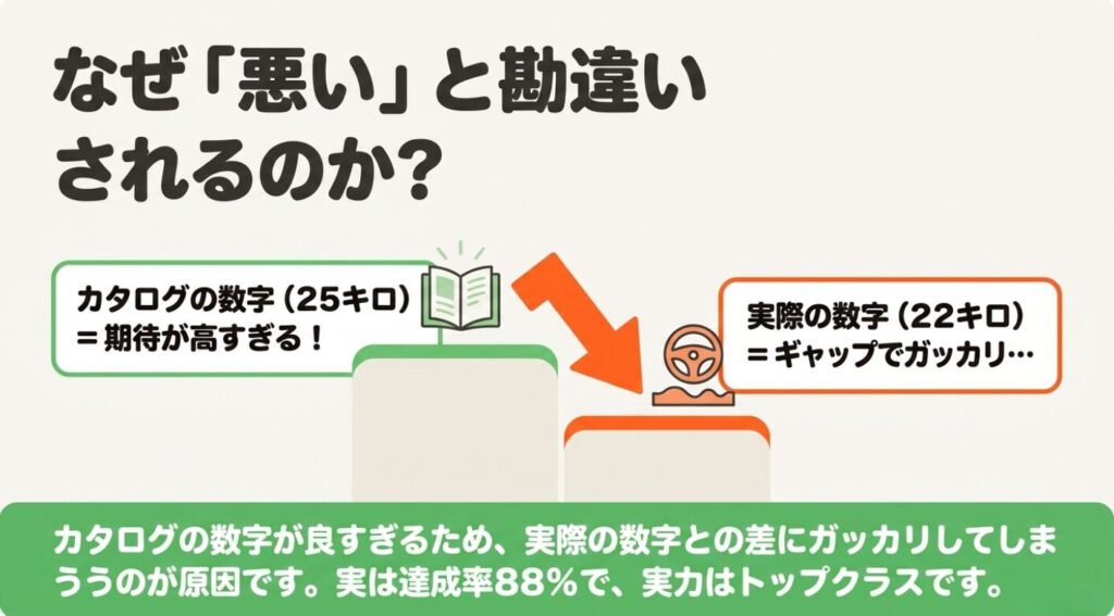 スペーシア:カタログの数字25キロと実際の数字22キロのギャップが、燃費が悪いと勘違いされる原因であることを説明する図