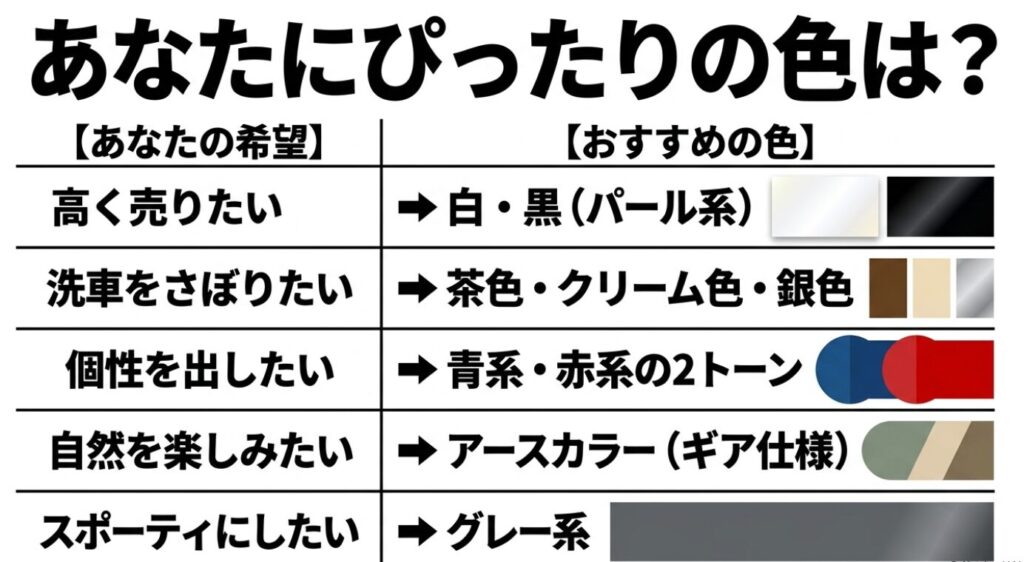 あなたの希望とおすすめの色の対応表。高く売りたいなら白・黒、洗車をさぼりたいなら茶色など、希望に合わせたカラーの提案