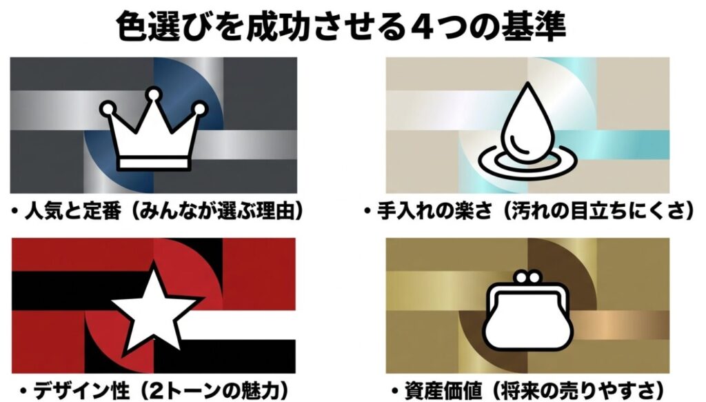 色選びを成功させる4つの基準。人気と定番、手入れの楽さ、デザイン性、資産価値