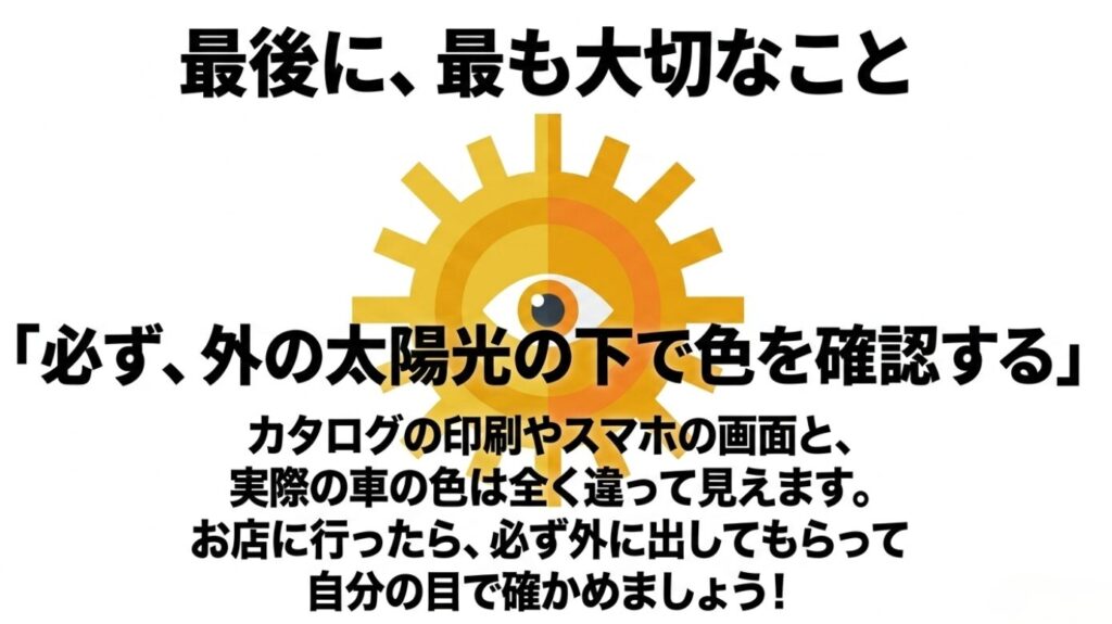 カタログやスマホと実際の車の色は全く違って見えるため、お店に行ったら必ず外に出してもらって太陽光の下で色を確認する