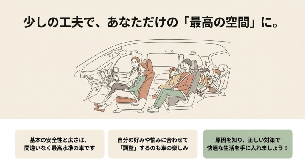 スペーシア:家族が笑顔で車内に乗っているイラスト。原因を知って正しい対策を行うことで、自分だけの最高の空間になり、快適な生活を手に入れられるというまとめ。