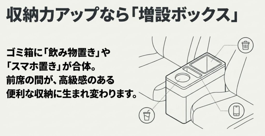 スペーシア：ゴミ箱に飲み物置きやスマホ置きが合体した増設ボックスで、前席の間が便利な収納に生まれ変わる様子を示す図解 。