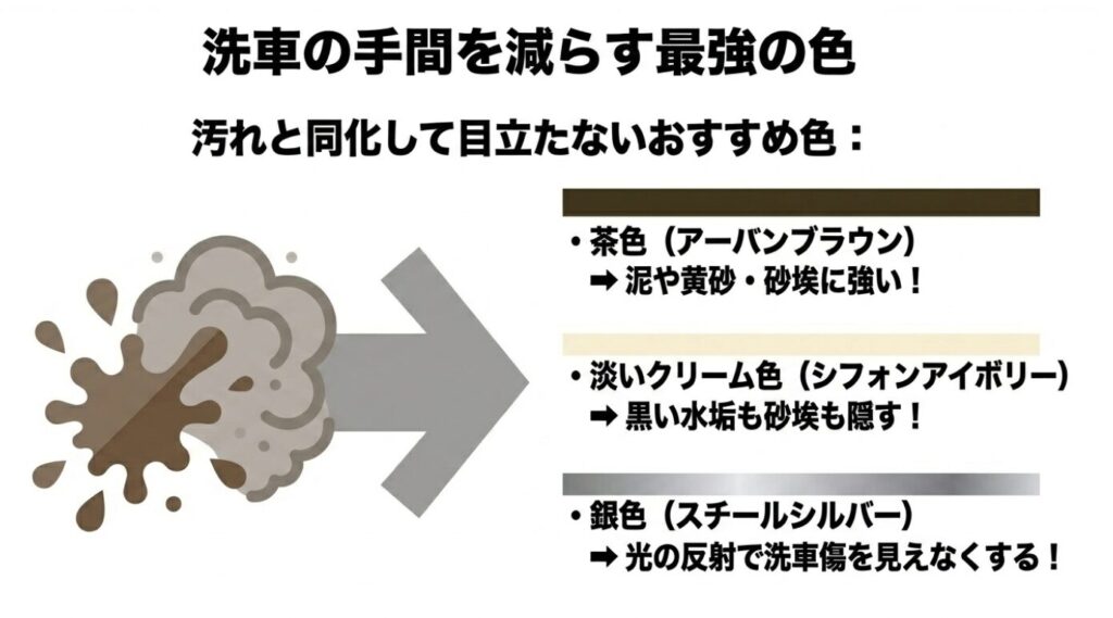 洗車の手間を減らす最強の色。汚れと同化して目立たないおすすめ色として、アーバンブラウン、シフォンアイボリー、スチールシルバーを紹介