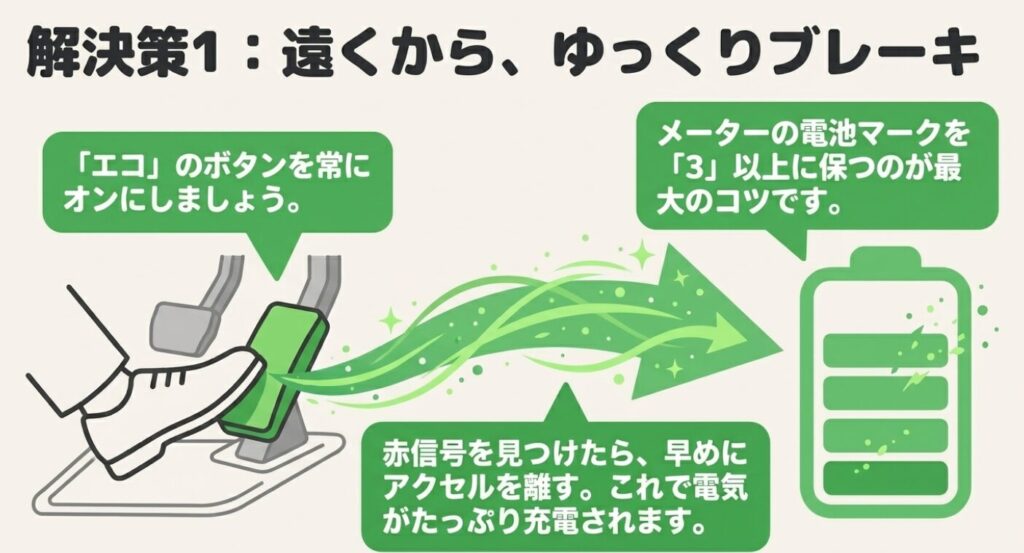 スペーシア:エコボタンをオンにし、赤信号を見つけたら早めにアクセルを離して電気を充電する解決策を解説する図