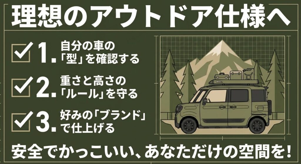 山と木々を背景に、ルーフキャリアに荷物を積んだアウトドア仕様のスペーシアギアが描かれたまとめイラスト