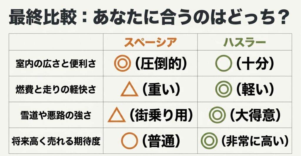 スペーシアとハスラーの「室内の広さと便利さ」「燃費と走りの軽快さ」「雪道や悪路の強さ」「将来高く売れる期待度」を4段階で評価した最終比較一覧表のスライド
