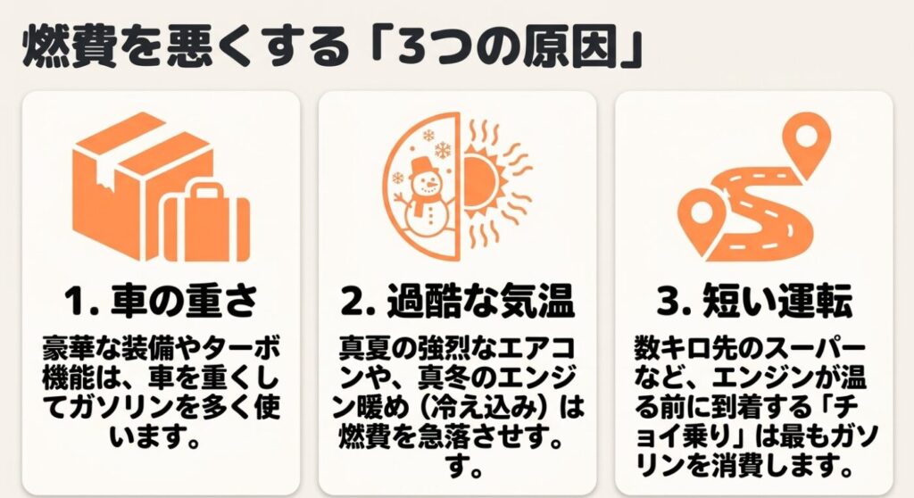 スペーシア:車の重さ、過酷な気温、短い運転(チョイ乗り)という燃費を悪くする3つの原因をまとめた図