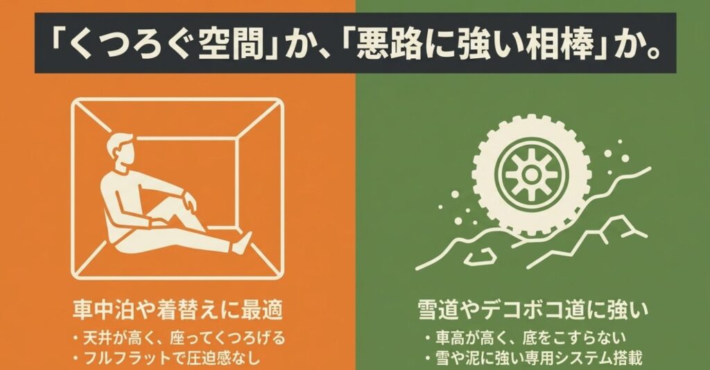 スペーシアの車中泊や着替えに最適な室内空間(天井が高くフルフラット)と、ハスラーの雪道やデコボコ道に強い走行性能(車高が高く専用システム搭載)を比較したスライド。