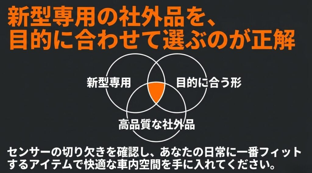 スペーシアのサンシェード:新型専用でセンサーの切り欠きを確認し、目的に合う高品質な社外品を選ぶのが正解であることをまとめた図