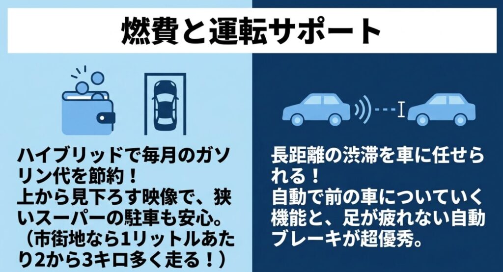 スペーシアとタント:ハイブリッドによるガソリン代の節約や上から見下ろす映像での駐車サポート、および自動ブレーキや前の車についていく機能による長距離運転のサポートを解説した画像 。