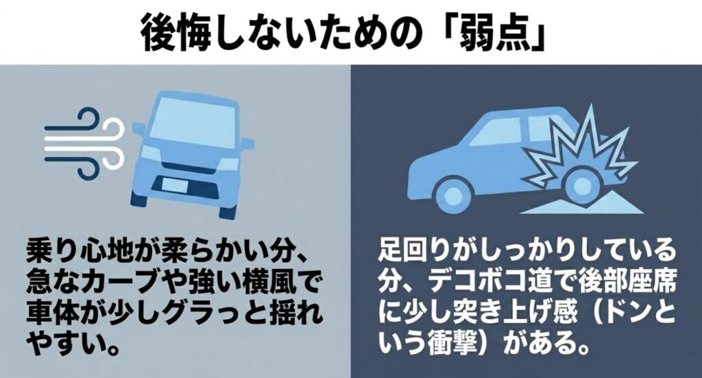 スペーシアとタント:横風でグラっと揺れやすい柔らかい乗り心地の弱点と、デコボコ道でドンという突き上げ感があるしっかりした足回りの弱点を説明したスライド 。