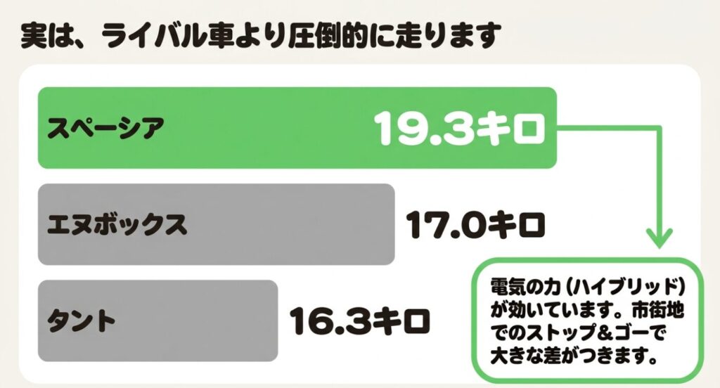 スペーシア19.3キロ、N-BOX17.0キロ、タント16.3キロと、電気の力でライバル車より圧倒的に走ることを示す実燃費比較データ