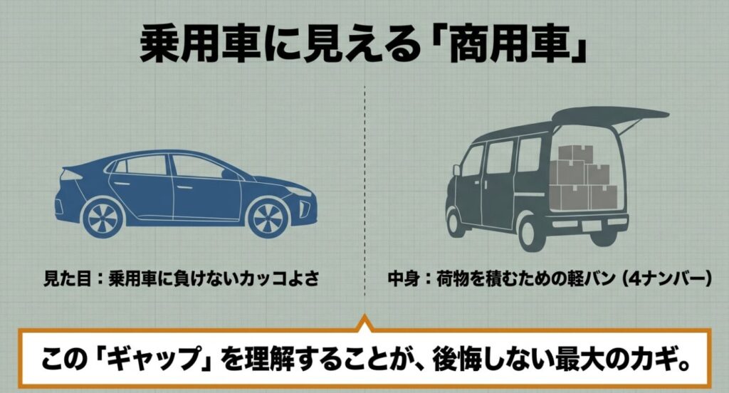 スペーシアベース：見た目は乗用車に負けないカッコよさの青い車体、中身は荷物を積むための軽バンとして箱が積まれたシルエットの比較画像