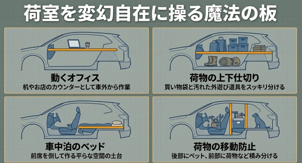 スペーシアベース：マルチボードを使った4つのアレンジ（動くオフィス、荷物の上下仕切り、車中泊のベッド、荷物の移動防止）のイラスト
