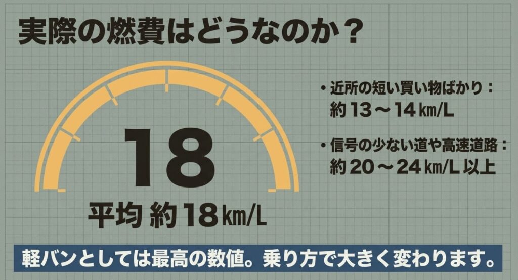 スペーシアベースの実際の燃費について、平均約18km/L、近所の買い物で約13〜14km/L、高速道路で約20〜24km/Lと解説するスライド