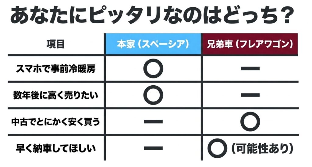 スペーシアとフレアワゴン：「あなたにピッタリなのはどっち？」という見出しの、項目（スマホで事前冷暖房、数年後に高く売りたい、中古でとにかく安く買う、早く納車してほしい）に対して、本家（スペーシア）と兄弟車（フレアワゴン）のどちらが適しているかをまとめたチェック表のスライド画像。