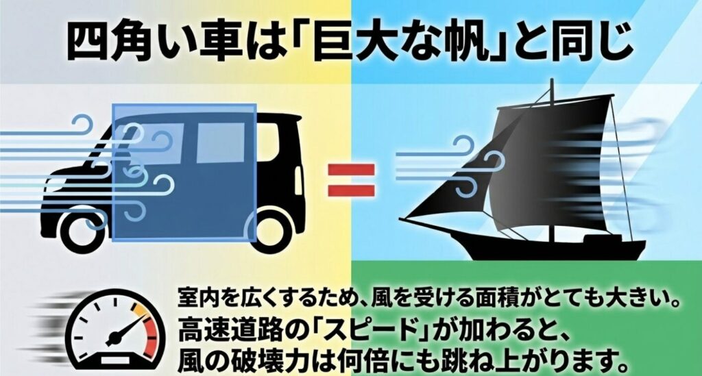 スペーシア：背の高い車は室内を広くするために風を受ける面積が大きく、高速道路のスピードが加わると風の破壊力が何倍にも跳ね上がることを示す図