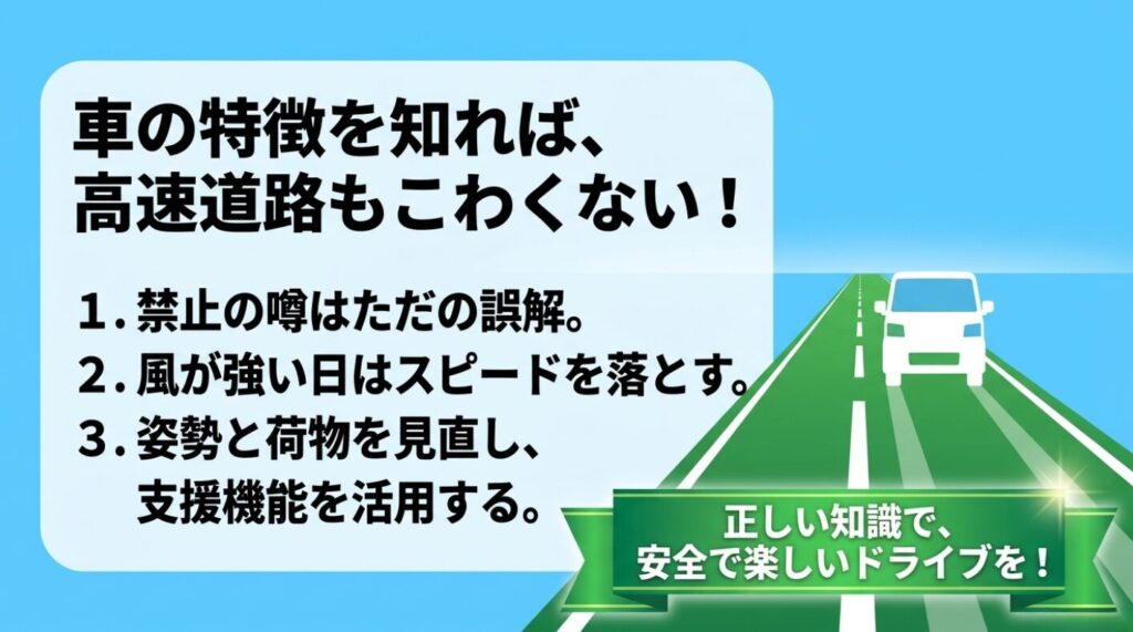 スペーシア：禁止の噂は誤解であること、風が強い日はスピードを落とすこと、姿勢と荷物を見直し支援機能を活用すること、という安全で楽しいドライブのためのまとめ