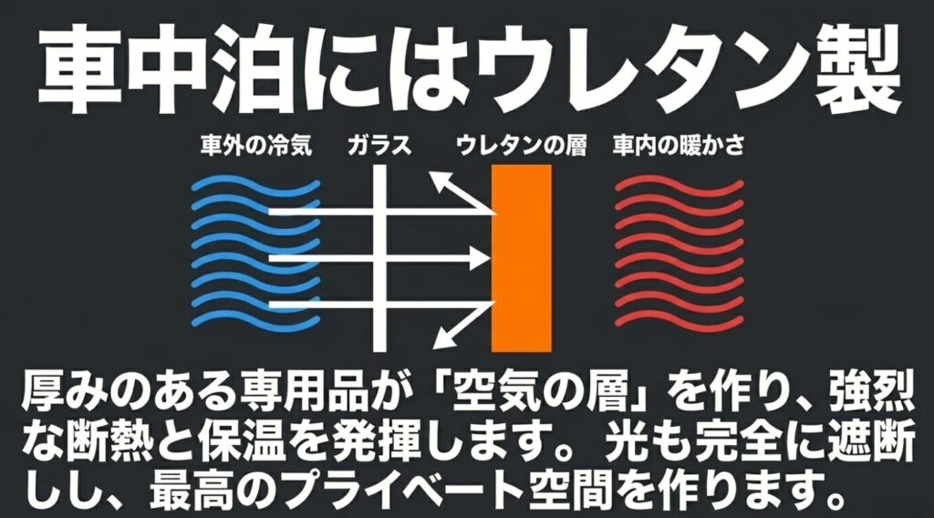 スペーシアのサンシェード:車中泊には、厚みのある専用品のウレタン層が空気の層を作り、強烈な断熱と保温、完全な遮光を発揮することを示す図